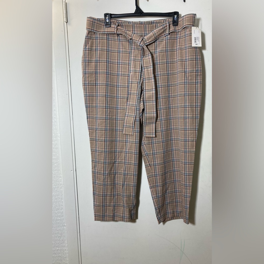 A New Day Brown Plaid Front Tie Stretch Dress Pants Women’s 16W